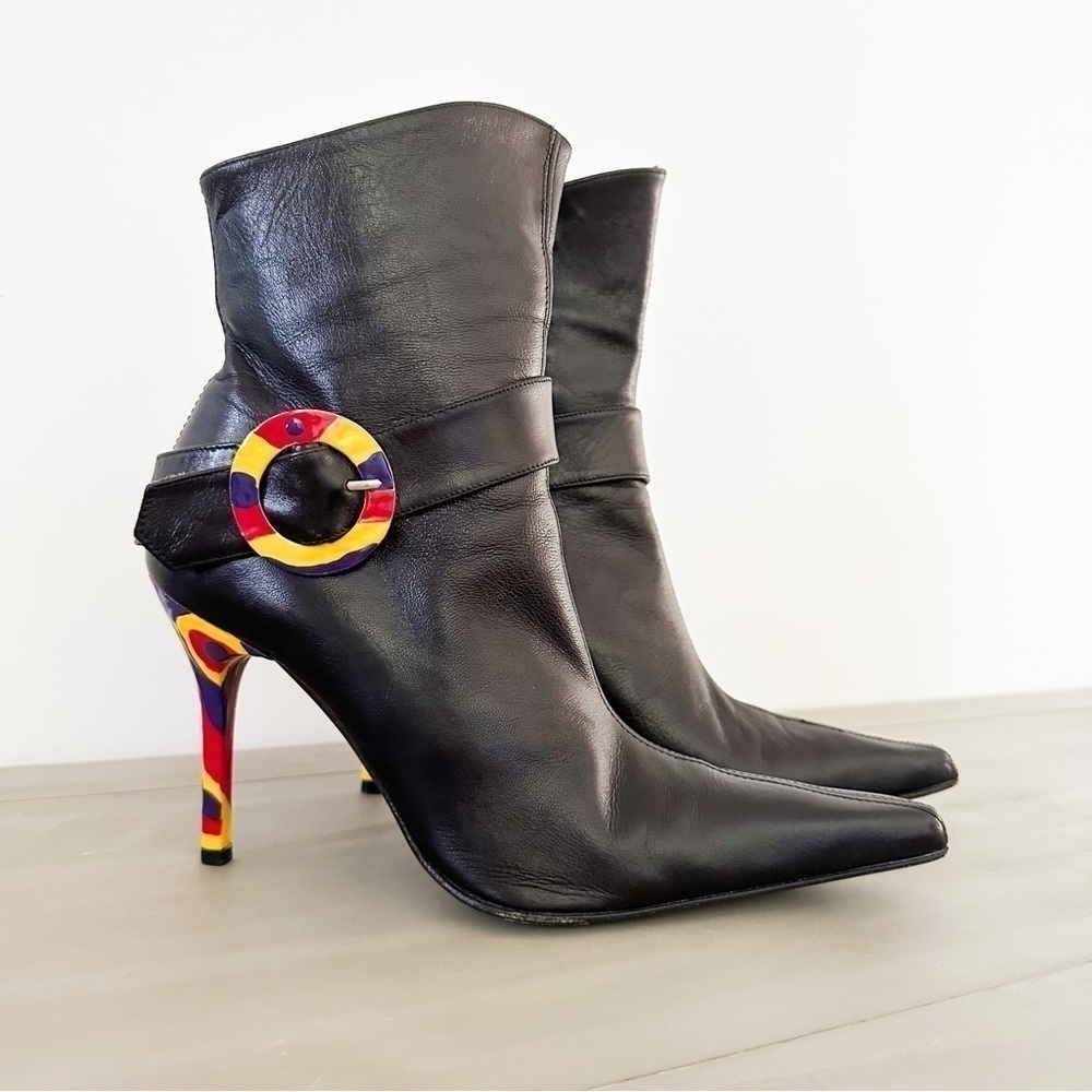 Paloma Barcelo Black Leather Colorful Heel Ankle Buckle Contemporary Boots 39